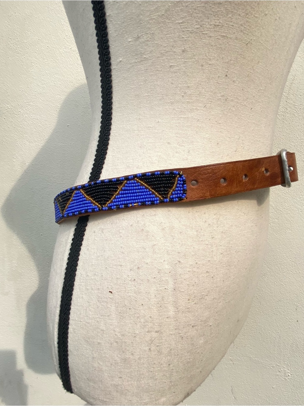 Vintage Artisanal Tribal Black & Blue Multicolor Beaded Belt S/M - Picture 2 of 6